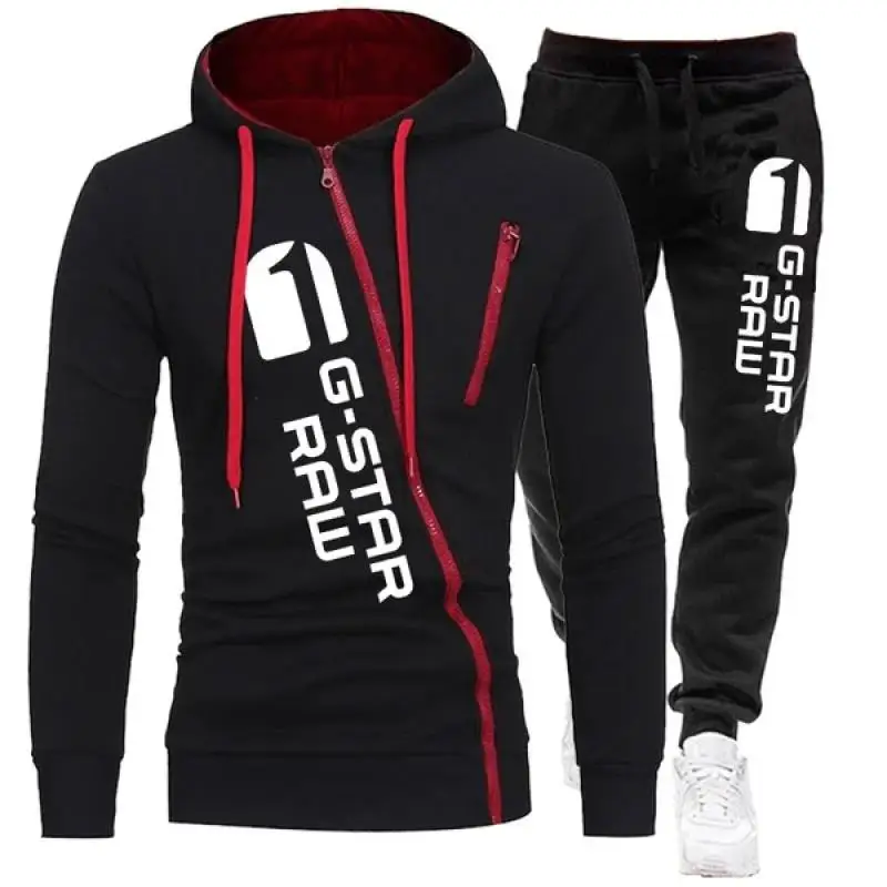 2024 Autumn Winte Oblique Zipper Tracksuit Men Sweatshirt + Sweatpants 2 Pieces Set Casual Mens Hooded Hoodies Suit Sportswear