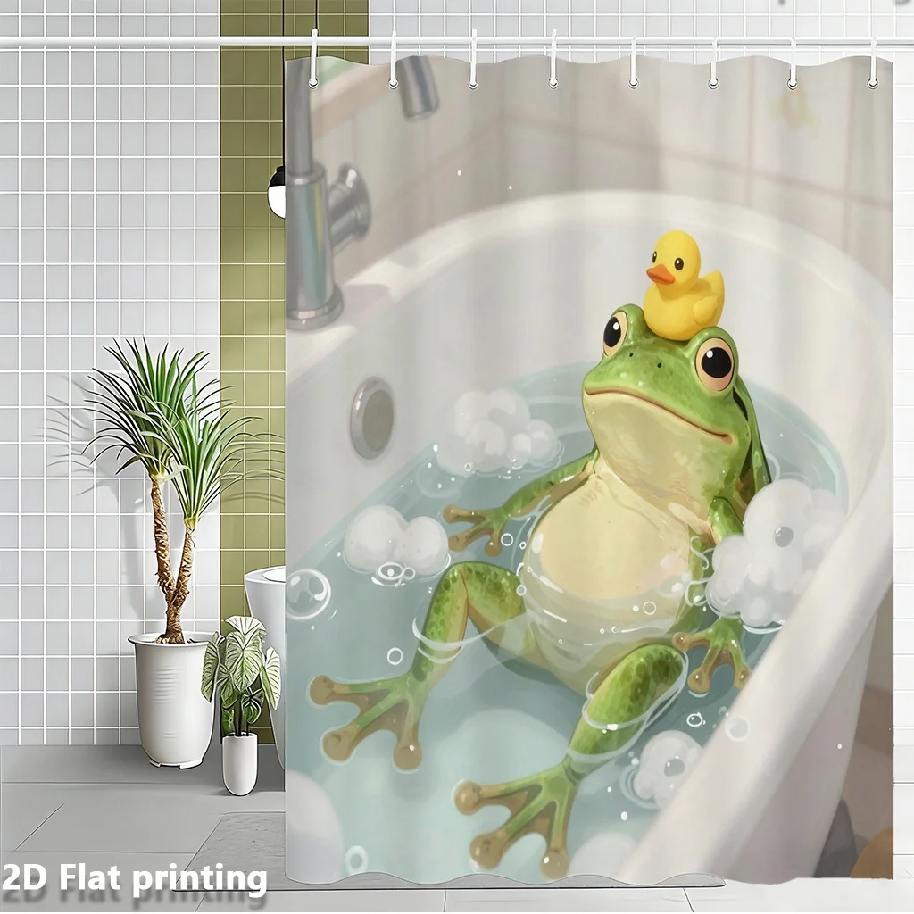 Funny Cartoon Frog and Duck Shower Curtain Waterproof Bathroom Liner Kids Novelty Pond Animal Print Home Decor Accessory view 2