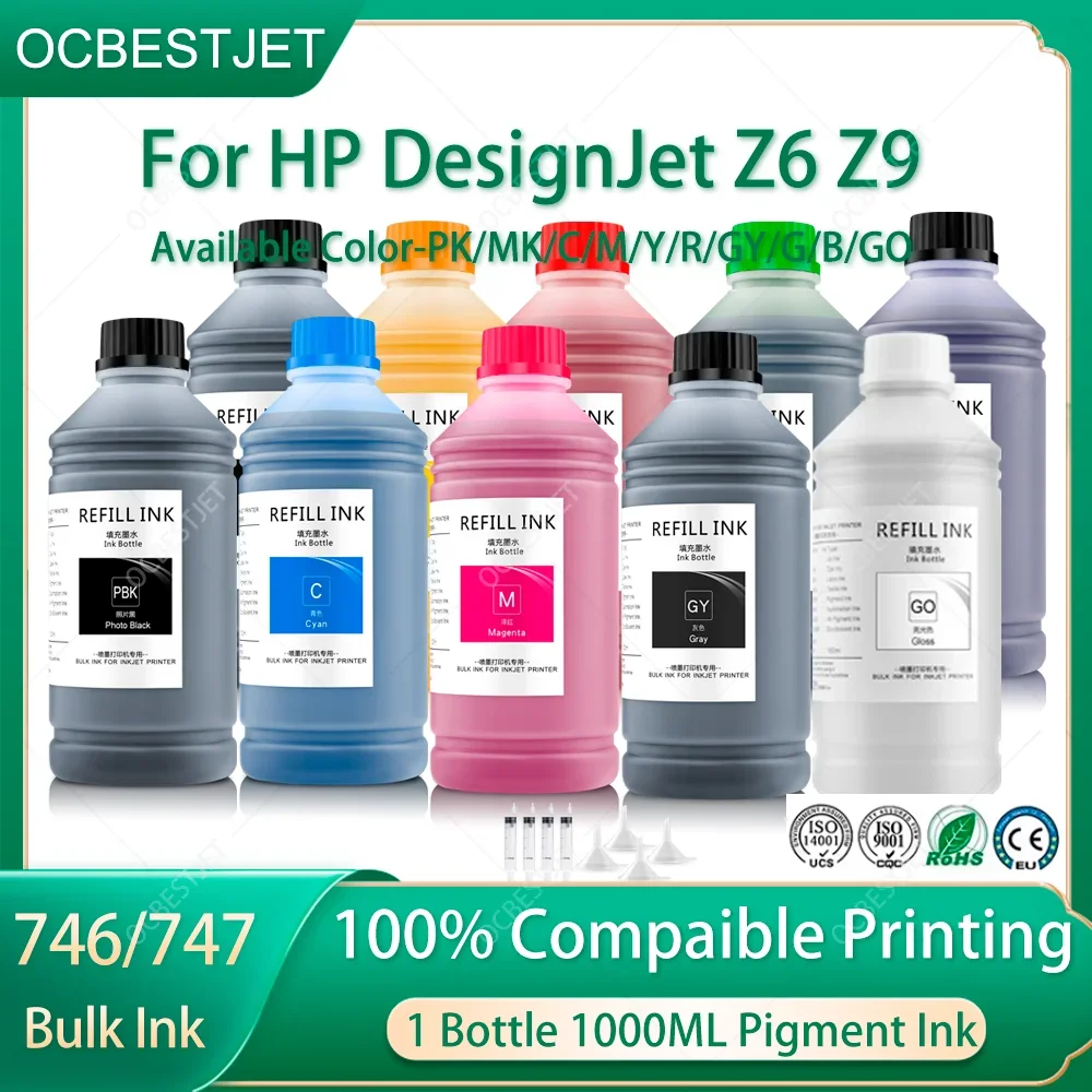 

1000ML Pigment Ink Refill Ink For HP DesignJet Z6 Z9 Z9+ Printer For HP 746 747 Ink Cartridge Waterproof Sunproof Bulk Ink