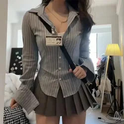 European and American Style Japanese Girl Sexy Collect Waist Spring Grey Shirt JK High School Uniform Class Students Blouse Top