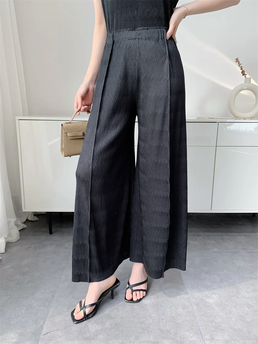 Miyake Pleated Women's Casual Solid Color Loose Large Size Elastic Waist Wide Leg Straight Pants