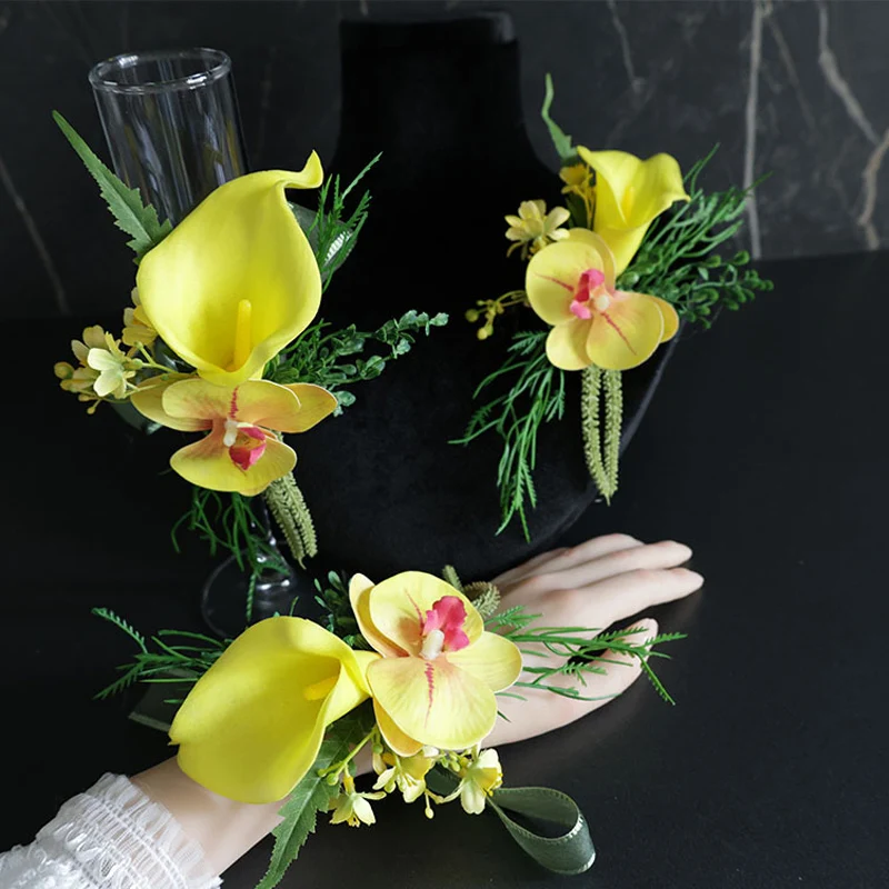 25021 Juego de pulsera y ramillete de flores rosas bohemias amarillas: perfecto para novias, padrinos de boda y decoraciones de boda