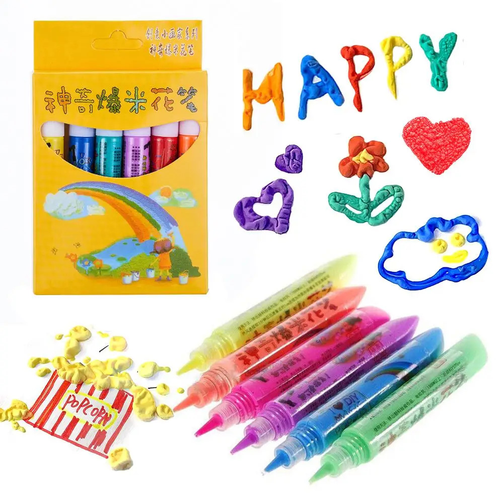 6pc/set 3D Printing Bubble Pen Popcorn Cotton Pen Kid Christmas Gift Children DIY Watercolor Drawing Marker Pen Inflation Effect