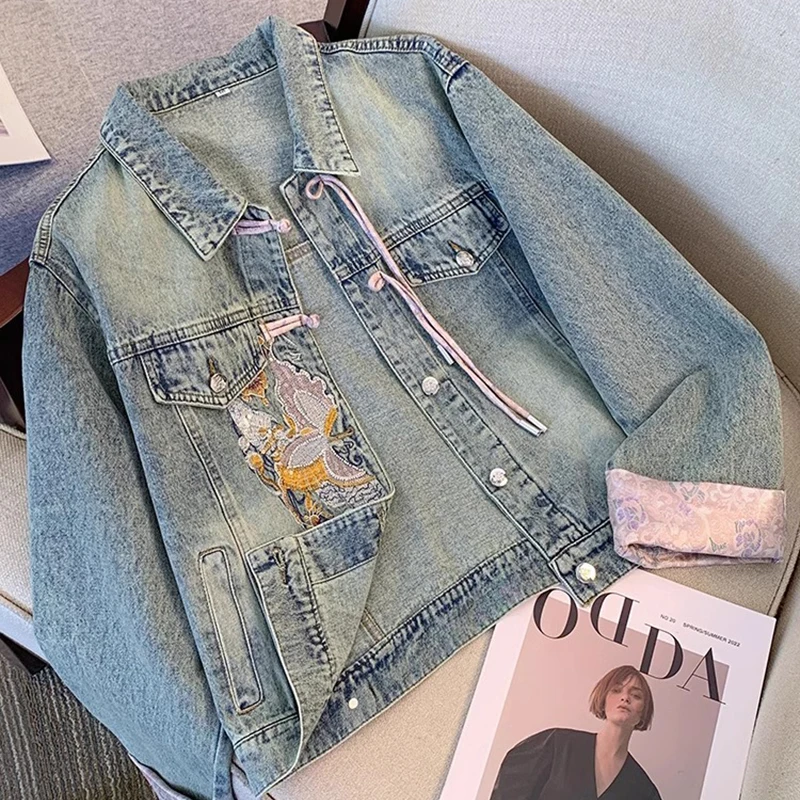 

2024 Women Denim Jacket Embroidery Harajuk Vintage Chinese Style Short Jeans Coat Ladies Single Breasted Cowboy Outerwear A035