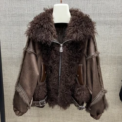 2023 New Real Fur Coat Winter Jacket Women Natural Rabbit Fur Lambswool Collar Luxury Outwear Loose Thick Warm Female Coat