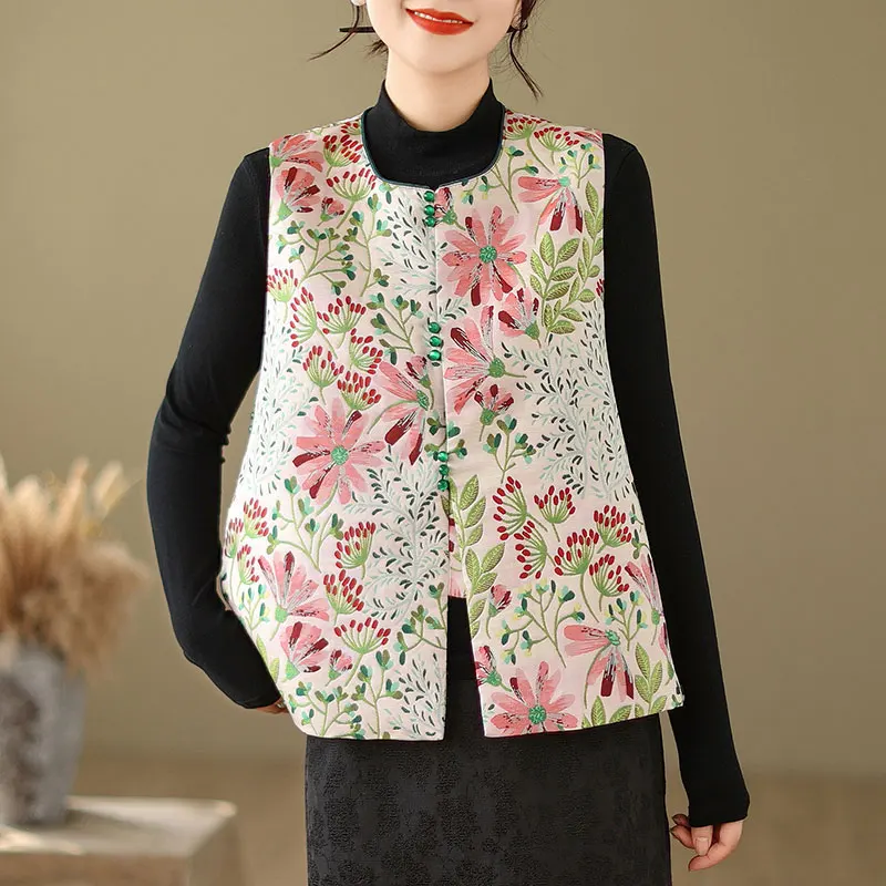 

New Chinese Sle round Ne Svel Embroidered Jaet Women's Vest Floral Pattern Traditional Emed Button Design