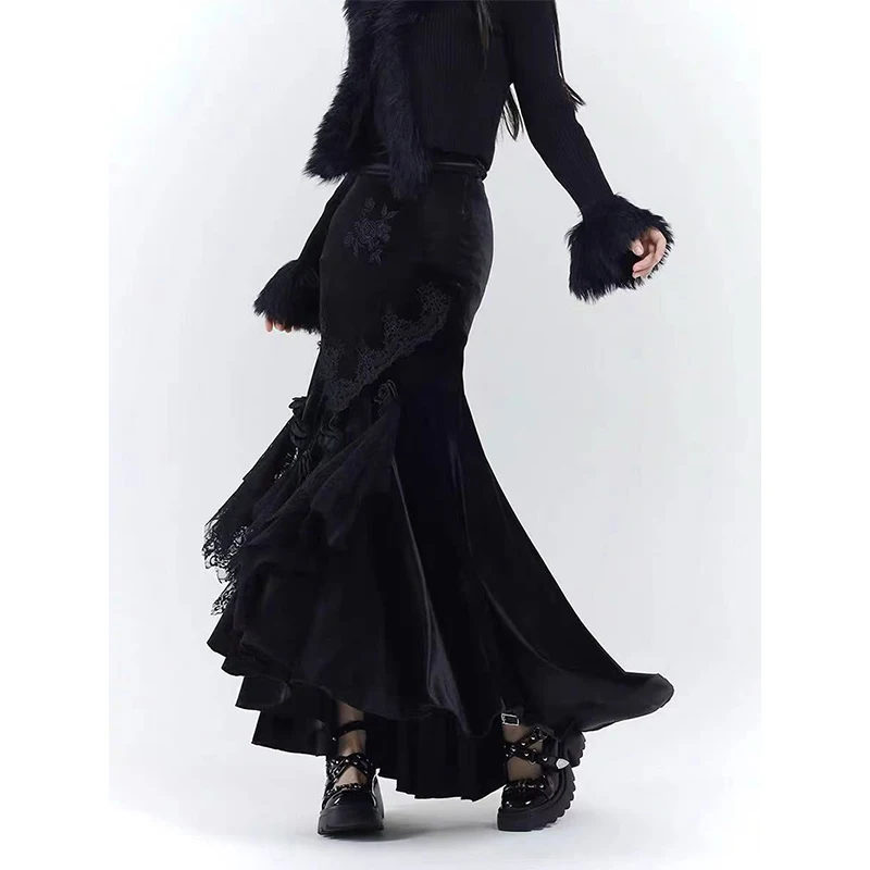 

MEXZT винтажная черная бархатная юбка-миди женская Y2K 3D кружевные юбки русалки с цветочным принтом осень-зима Harajuku готическая тонкая труба Faldas