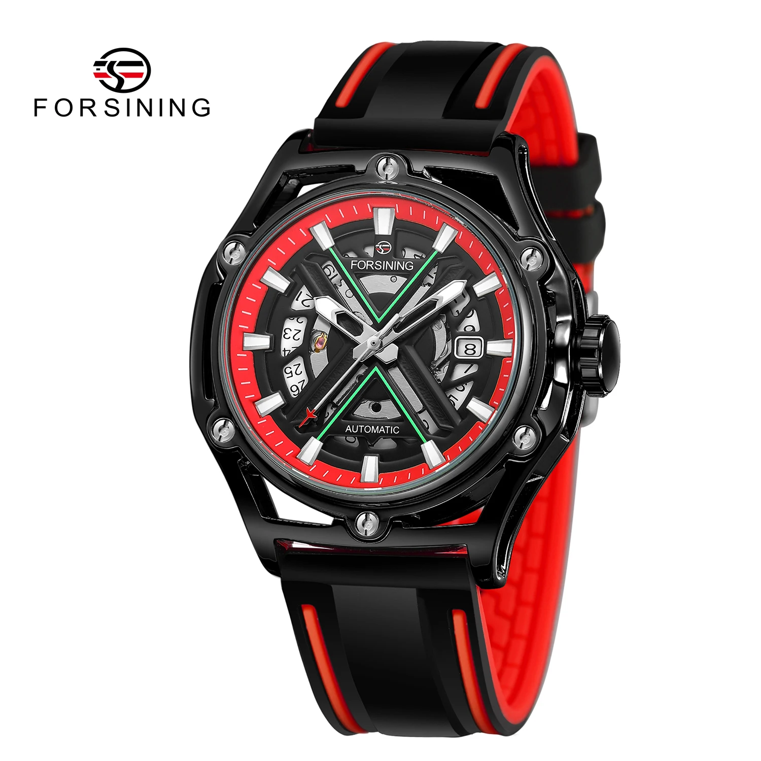

FORSING модные автоматические механические часы с календарем, ночник, водонепроницаемые полые силиконовые часы для мужчин, Relojes Para Hombres