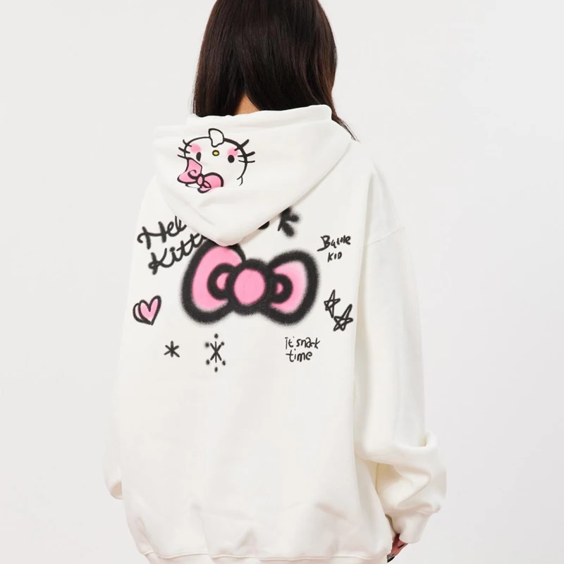 Retro Hello Kitty Cardigan Hooded Sweatshirt Sanrioed Cartoon Christmas Gift for Girls Autumn Velvet Trendy Couple Kawaii Top