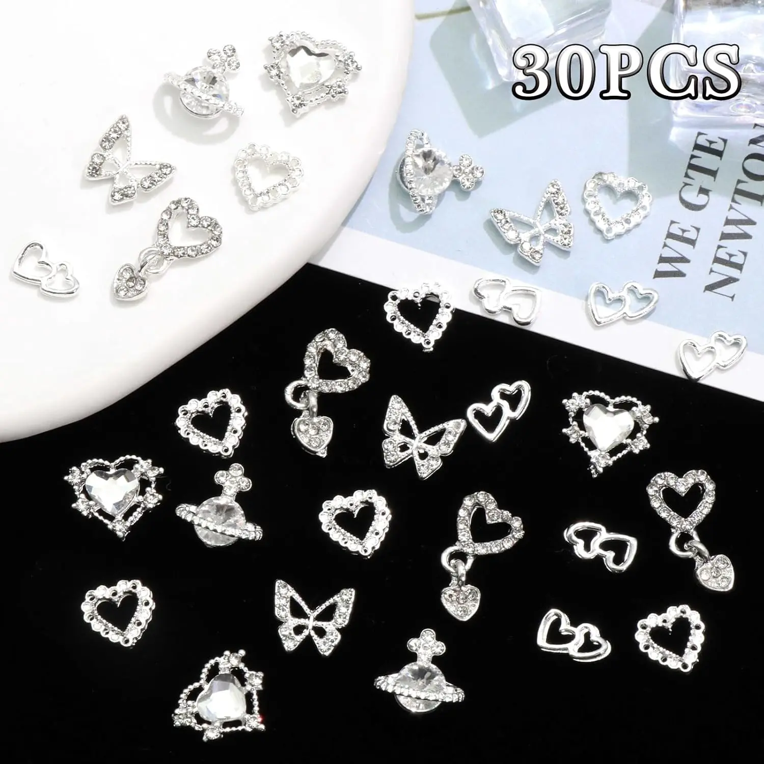 40 Uds. De dijes para uñas con forma de planeta, dijes 3D de mariposa plateada para decoración de uñas, diamantes de imitación, gemas para uñas con forma de corazón, dijes de planeta Saturno para uñas