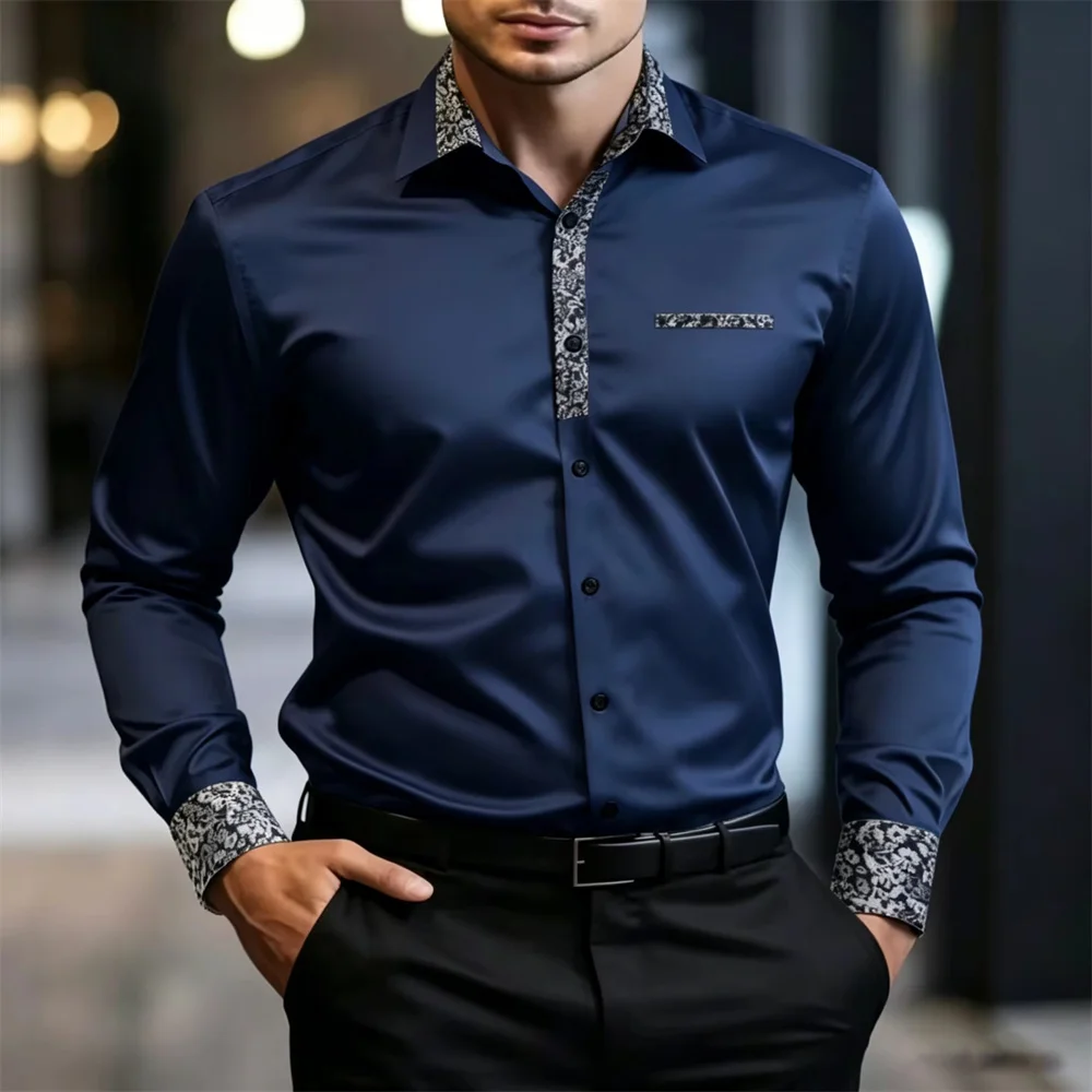 Men Long Sleeve Dress Shirt Spliced Floral Print Collar Cuff Turn‑down Collar Button‑Up Shirts For Men Business Party Formal Cas
