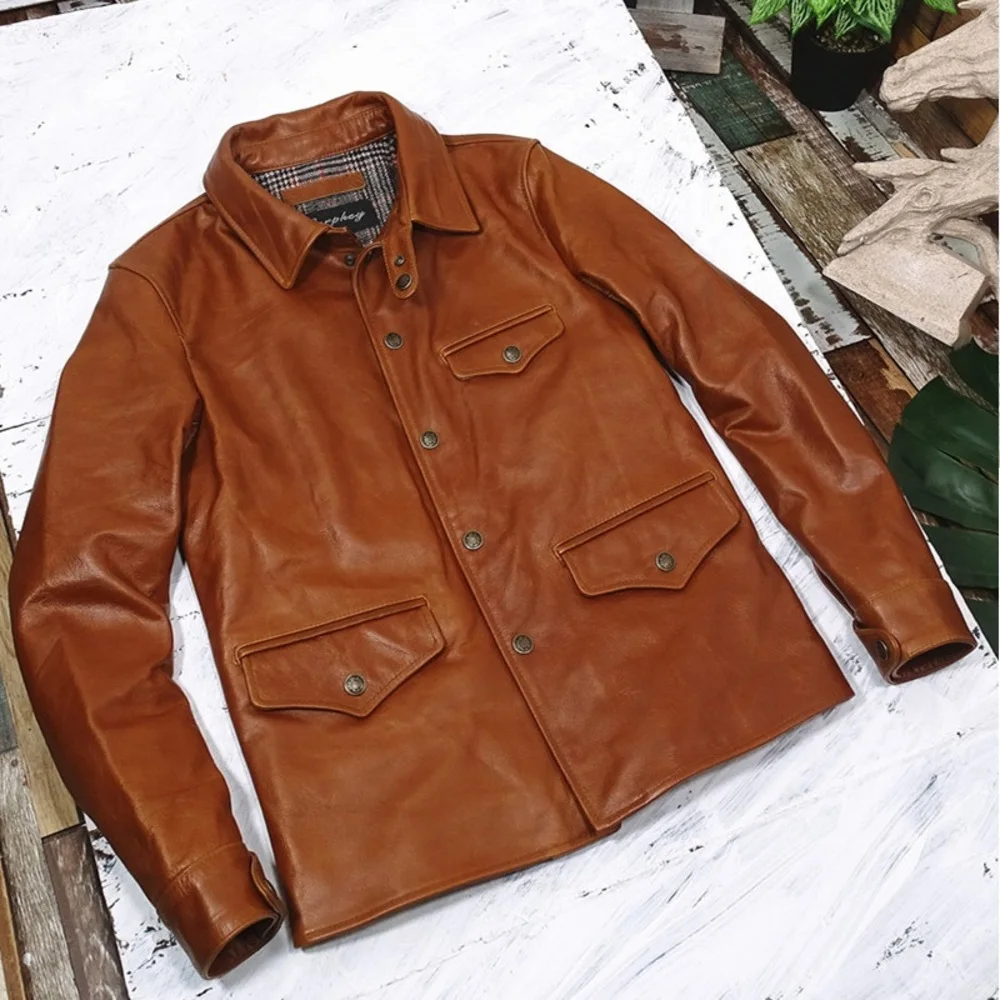 shipping.Japanese YR!Free style Vintage genuine jacket.Us cowhide brakeman coat.Classic casual leather cloth.quality