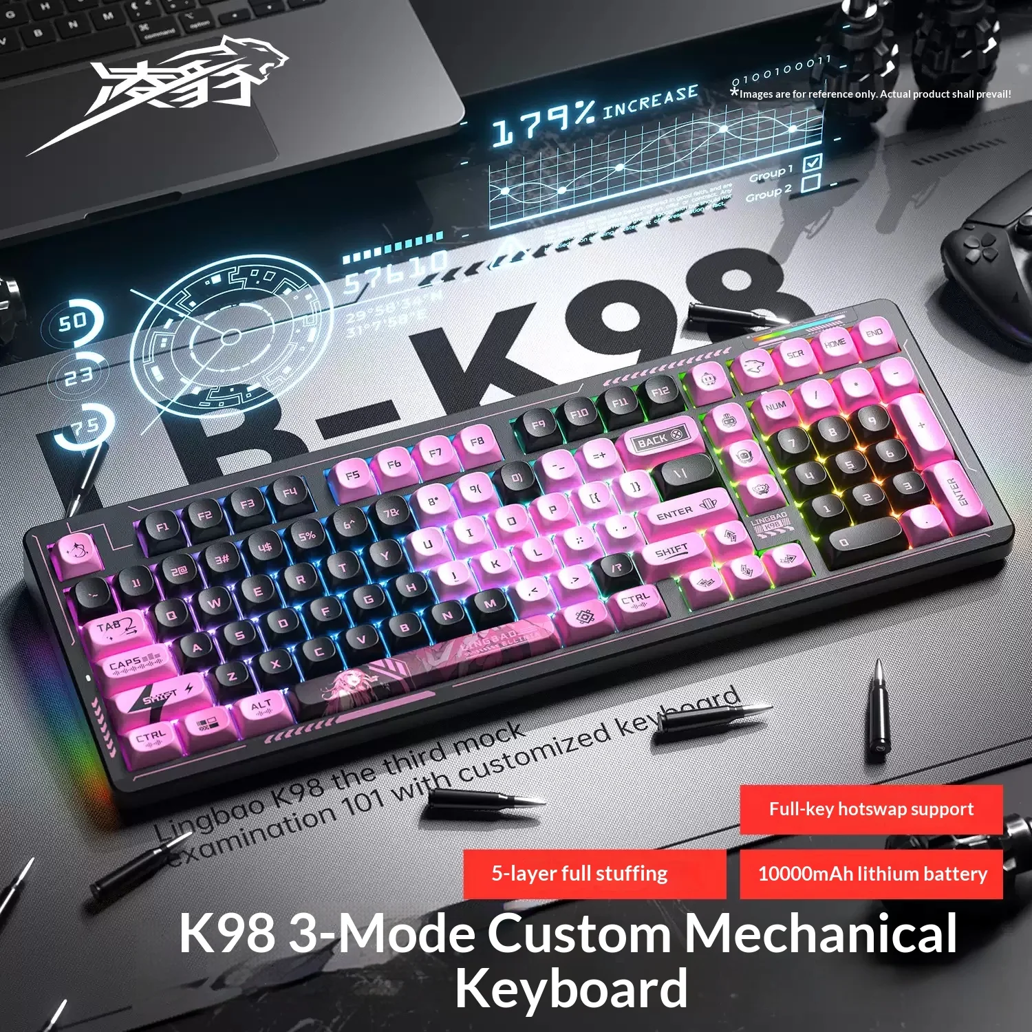 Lingbao K98 Mechanical Keyboard Tri Mode Hot Swap Gasket Wireless Keyboard Five-layer pile is fully filled 10000mAh battery Pc
