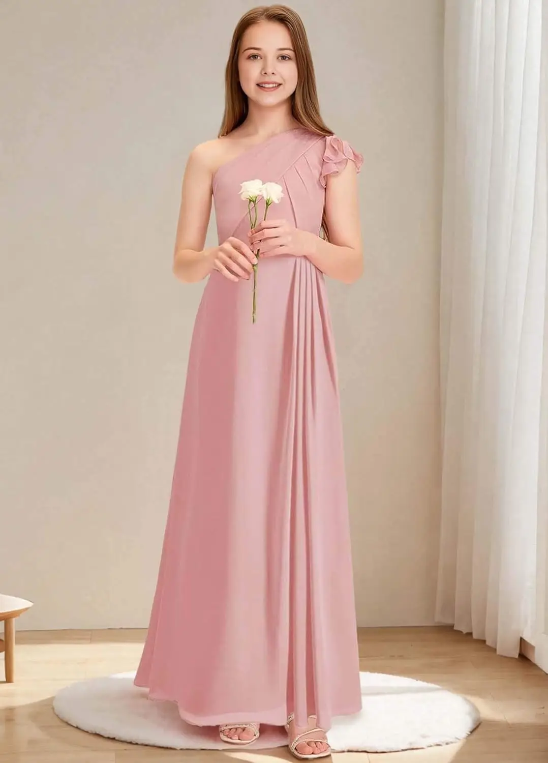 A라인 쉬폰 주니어 브라이드메이드 드레스 웨딩 원숄더 캡 슬리브 플라워 걸 롱 포멀 드레스 소녀 드레스