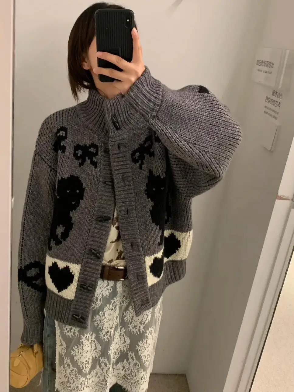 Couples Knitted Sweater Coat High Collar Men's Sle  And Dog Pattern Long Sve Woolen Open Cardigan Korean Sle Loose Fit