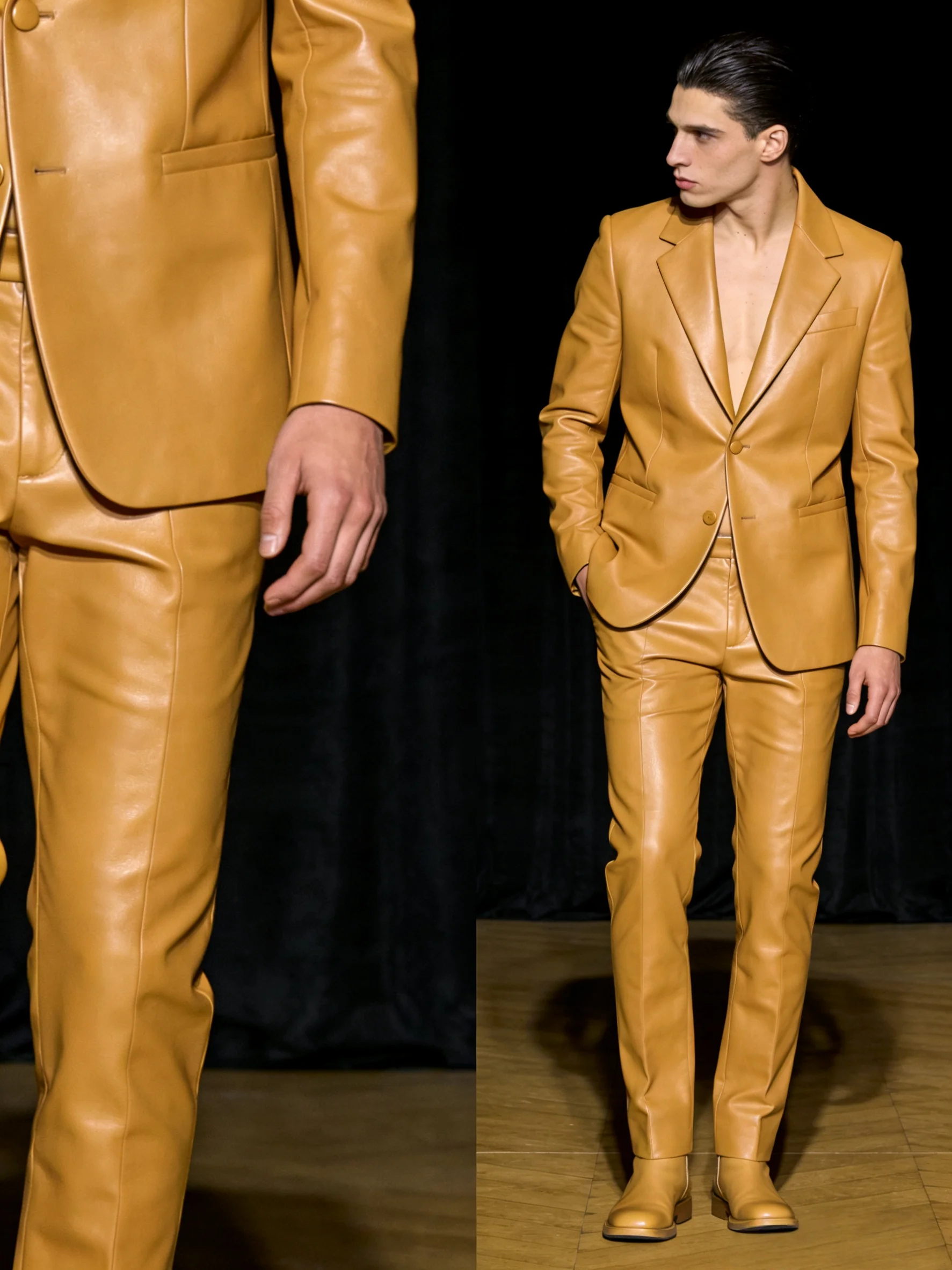

Fashion Khaki Leather Men Suit Set 2 Pcs Blazer+Pants Trousers Wedding Tuxedos Formal Office Business Jacket Coat Customized