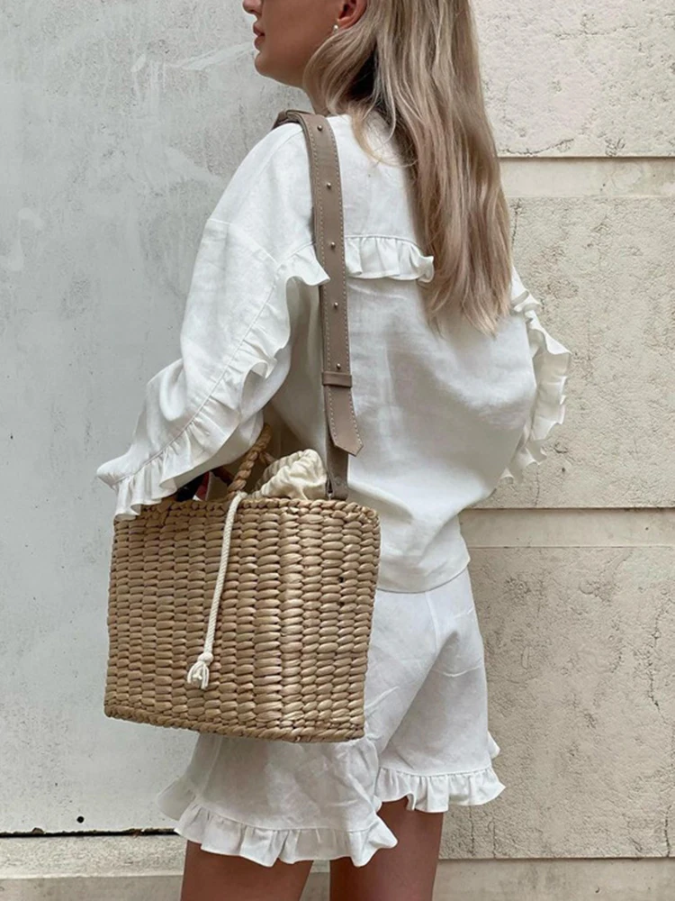 2023 Summer New Shorts Suit Women Beige Wood Ear Loose Casual Shirt High Waist Shorts Two Piece Set For Women Long-sleeve Sets