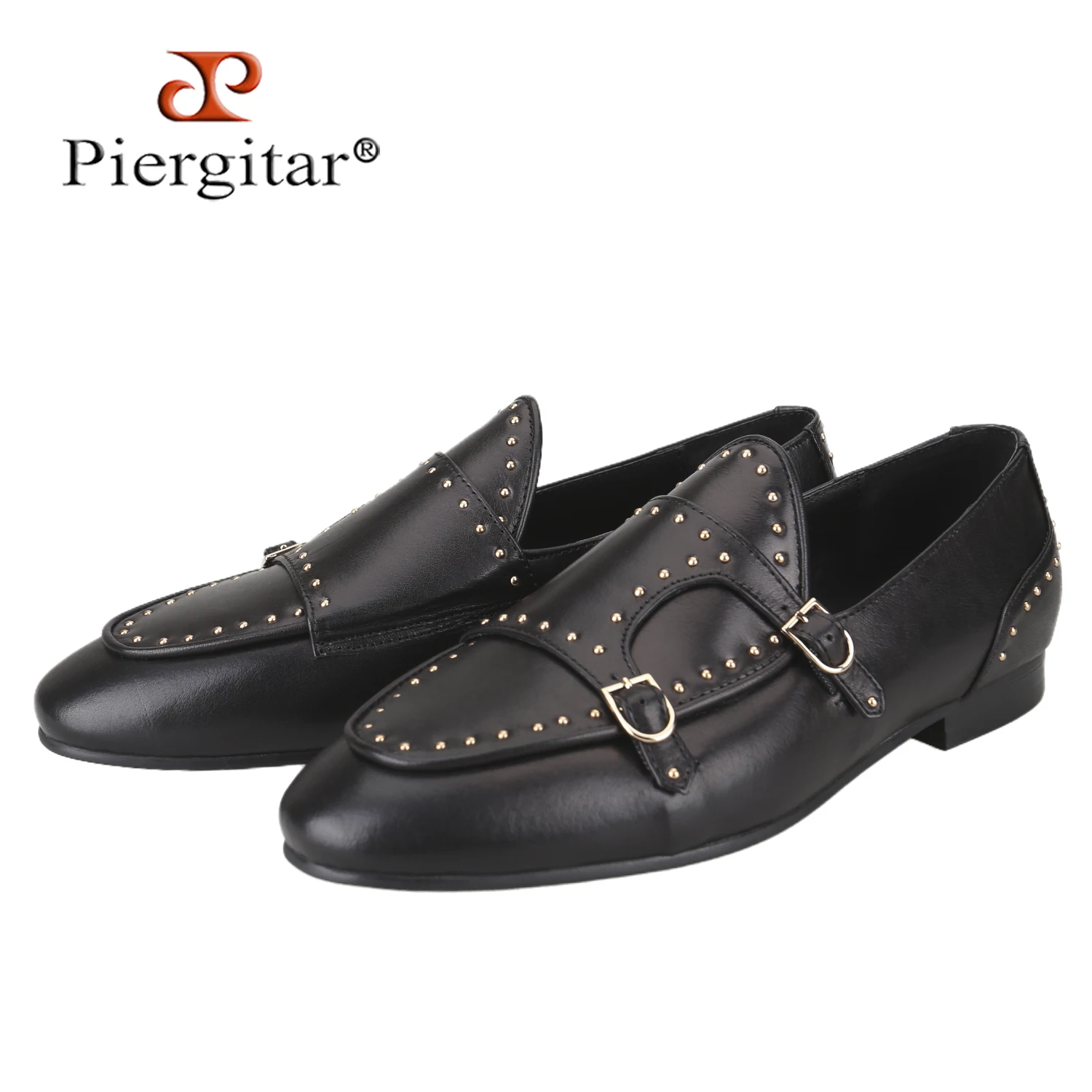 Piergitar Brand Handmade Spikes Of Black Genuine Leather Men's Double Monk Shoes For Fashion Party And Wedding Slip-On Loafers