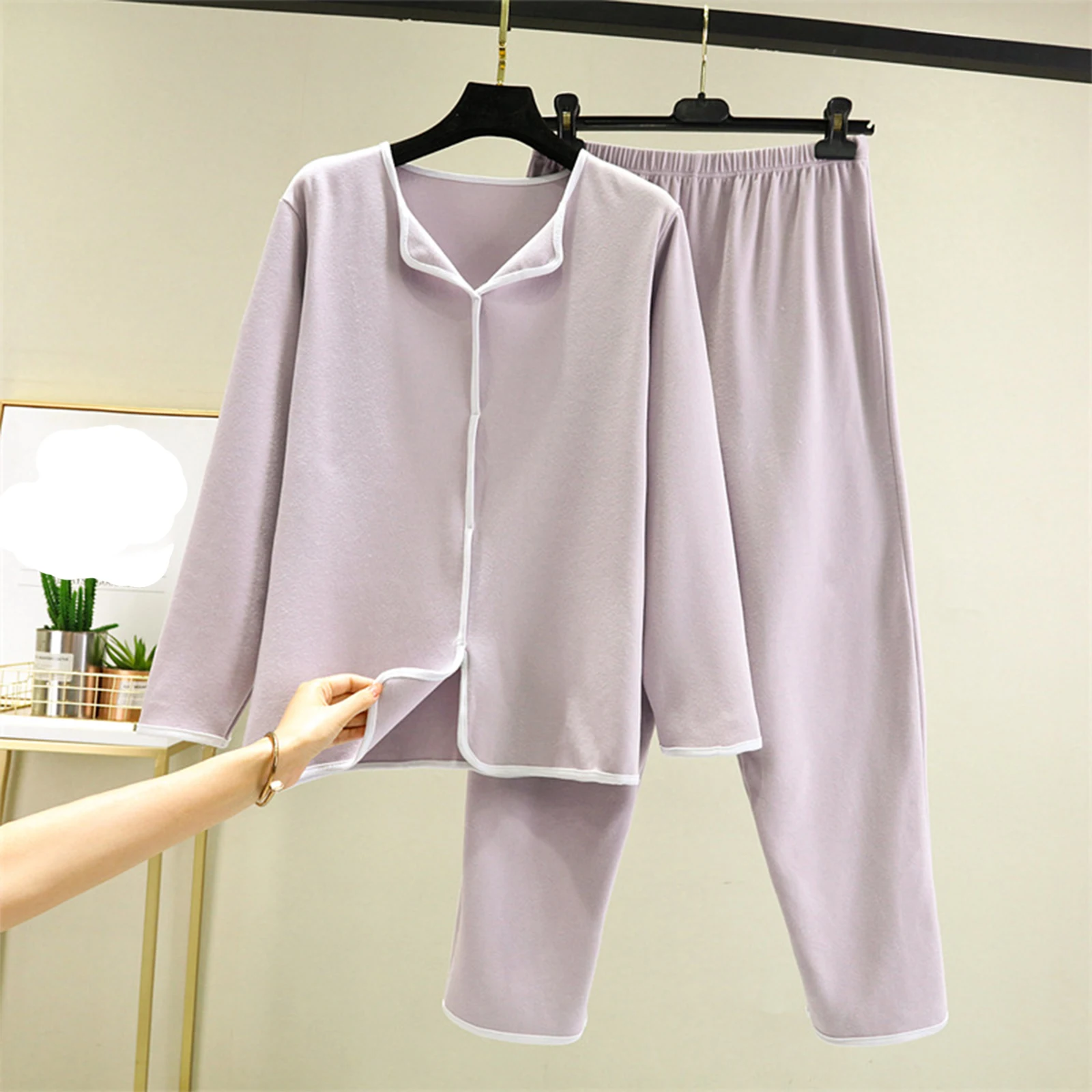 

Минималистичный однотонный женский спальный комплект из двух предметов с кардиганом с длинными рукавами и длинными брюками, модная свободная удобная домашняя одежда