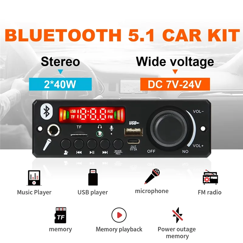 USB/TF FM Mic Rauschunterdrückung Bluetooth 5.0 MP3/WAV FLAC Verstärker Decoder Board 24V 2X 80W Auto Audio System-X64A