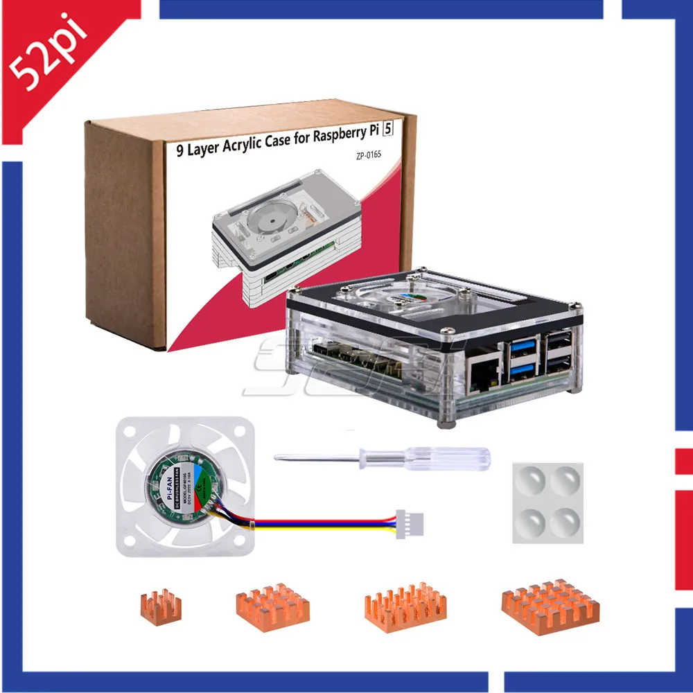 52Pi Raspberry Pi 5 Acrylic Case with Adjustable-Speed fan and Copper Heatsinks 9 Layers Transparent