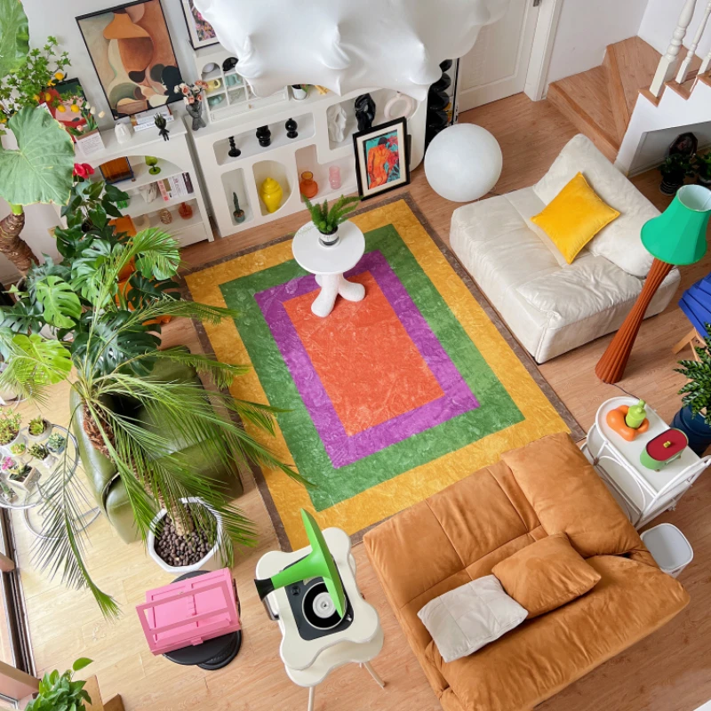 

Retro Light Luxury Summer Sweet Living Room Carpet Literary Lattice Rainbow Color Girl Heart Large Area Soft Bedroom Balcony Rug