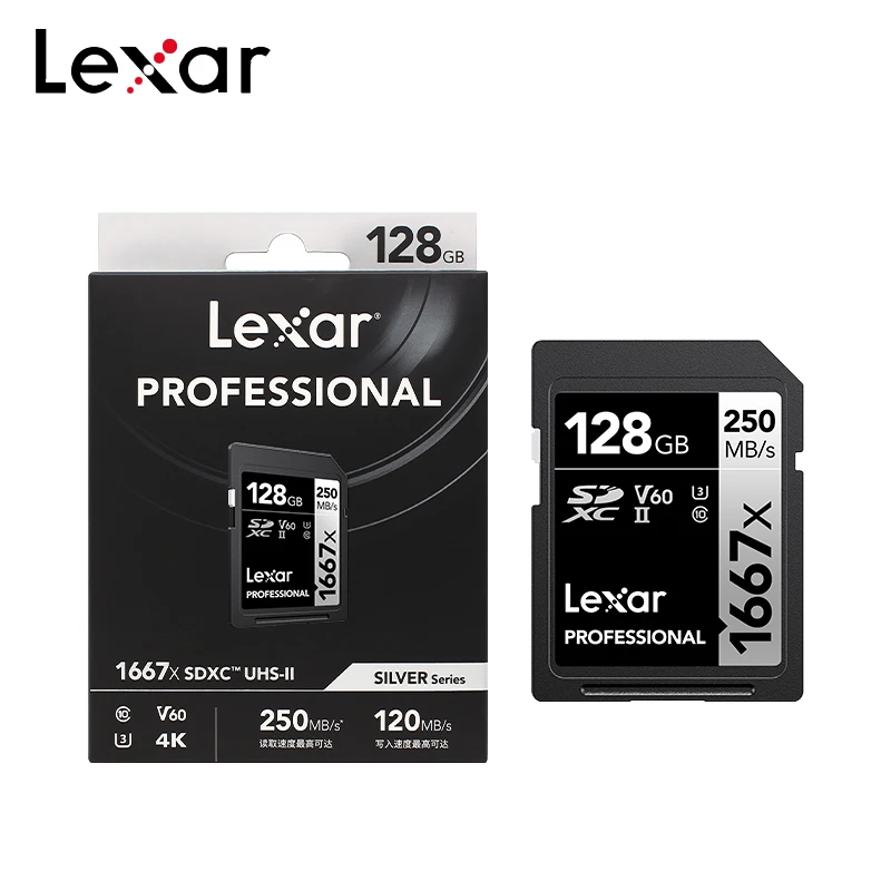 

Lexar SDXC V60 U3 CV10 Профессиональная карта памяти 1667X 64 ГБ 128 ГБ 256 ГБ Silver Series USH-II Флэш-память SD-карта Чтение 250 МБ/с