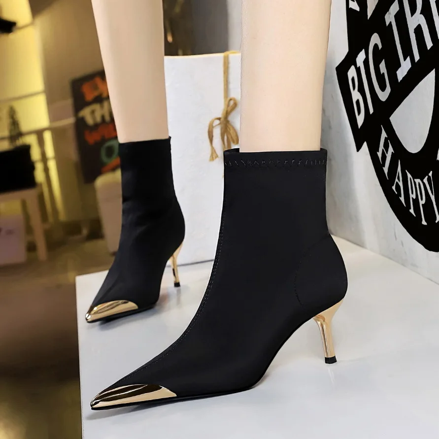 

Women Pumps Shoes Women's Fashionable Sexy Show Thin Heels Silk Metal Pointed Short Boots туфли женские женская обувь Shoese