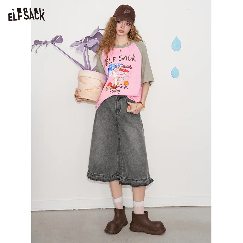 ELFSACK 2025 Summer New Arrival Loose Casual Niche Top Insert Shoulder Collision Colour Printing Short Sleeve Graphic T-shirt