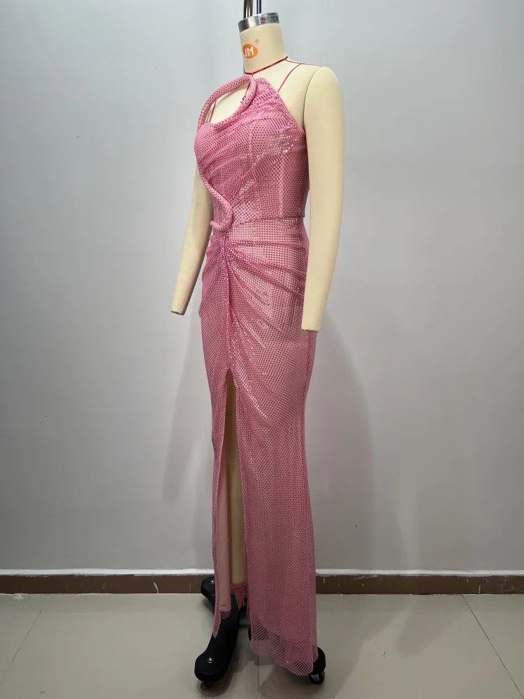 PB Eleganti abiti da sera in rete di cristallo rosa – Abito lungo aderente con taglio asimmetrico e spacco alto per feste, palcoscenici e balli di fine anno