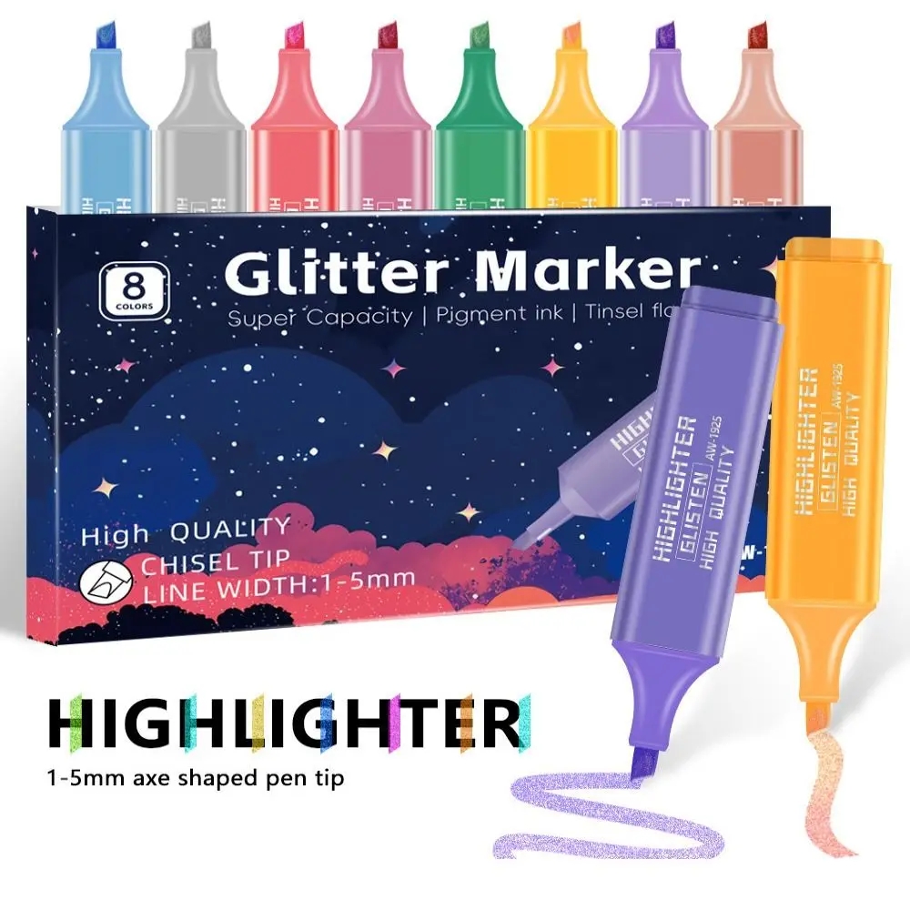 

New 8 Colors Highlighter Pens Metallic Sparkly Shiny Glitter Marker 1-5mm Smooth Glitter Paint Pens Student