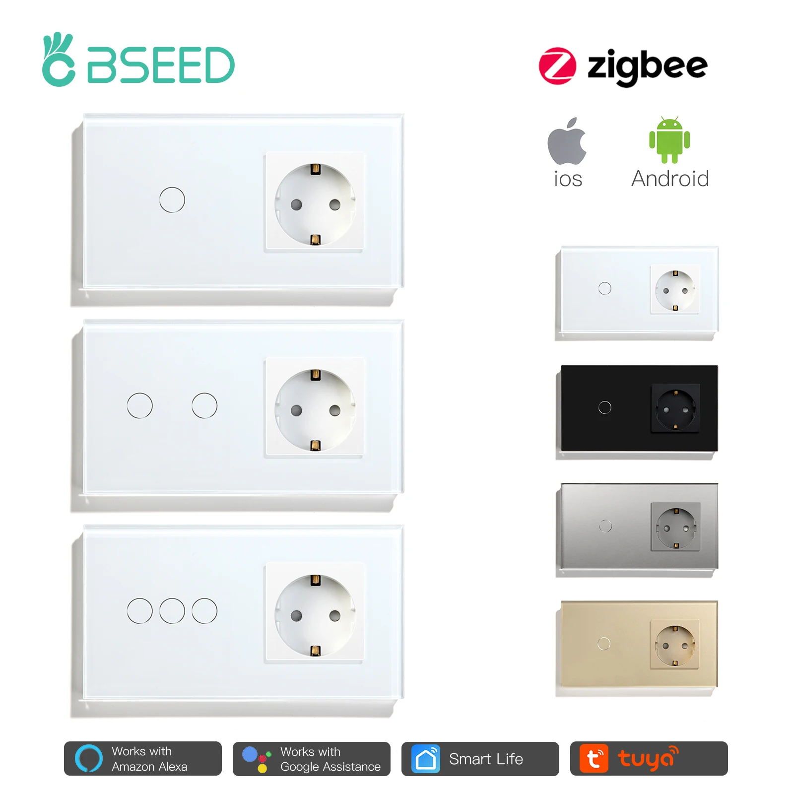 Bseed New Zigbee Single Live 1/2/3 Gang Touch Switch EU Standard With Normal Socket 4 Color Crystal Glass Panel Smart Home