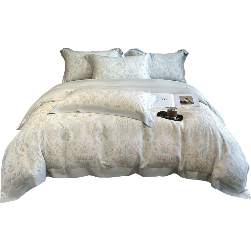 Summer Lyocell Four-Piece Set High-end Pastoral Print Bedding Duvet Cover 200x230 220x240 Naked Sleeping Cool Ice Silk