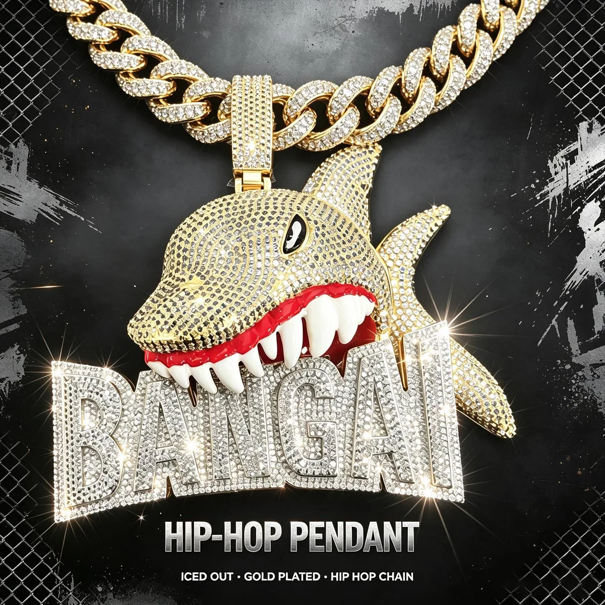 Iced Out 3D Shark Pendant Necklace 18K Gold Plated CZ Bling Hip Hop Jewelry For Men Rapper Cuban Chain Accessory Sparkling Full Diamond Shark Head Charm With Letter Streetwear Ornament Perfect Gift For Party Concert Daily Shiny Luxury Fashion Statement