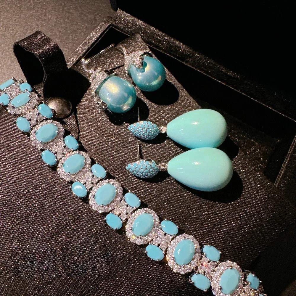 Women Turquoise Geometric Arrangement Bracelet Vintage Drop Earrings 2024