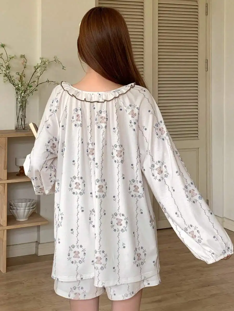 

Women Floral All Over Print Loose Long Sleeve Pajamas Set