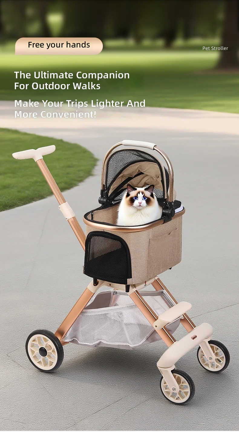 Fashion High View Foldable Pet Stroller, Rose Gold Dog Cat Carrier, Detachable Design for Small Pets, Portable and Durable