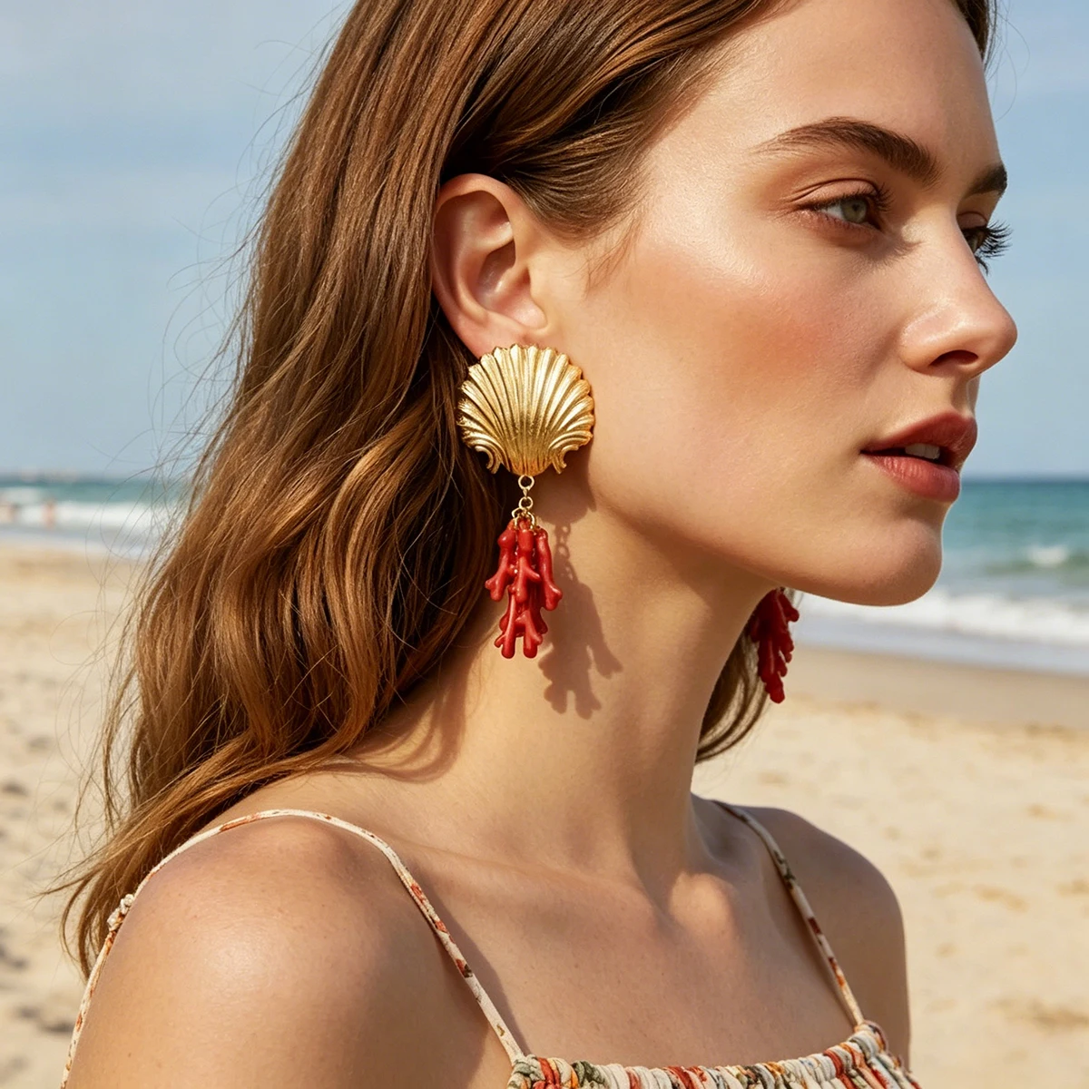 Pendientes Colgantes Grandes de Coral Rojo con Concha Chapada en Oro para Mujer, Joyería Marina de Verano para Fiesta en la Playa