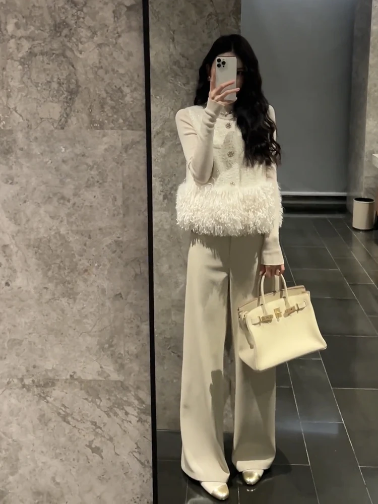 화이트 조끼 여성 가을 겨울 한국 드라마 슬레 스팽글 스플라이싱 하이엔드 느낌 탑 여성용 프리미엄 품질 재킷