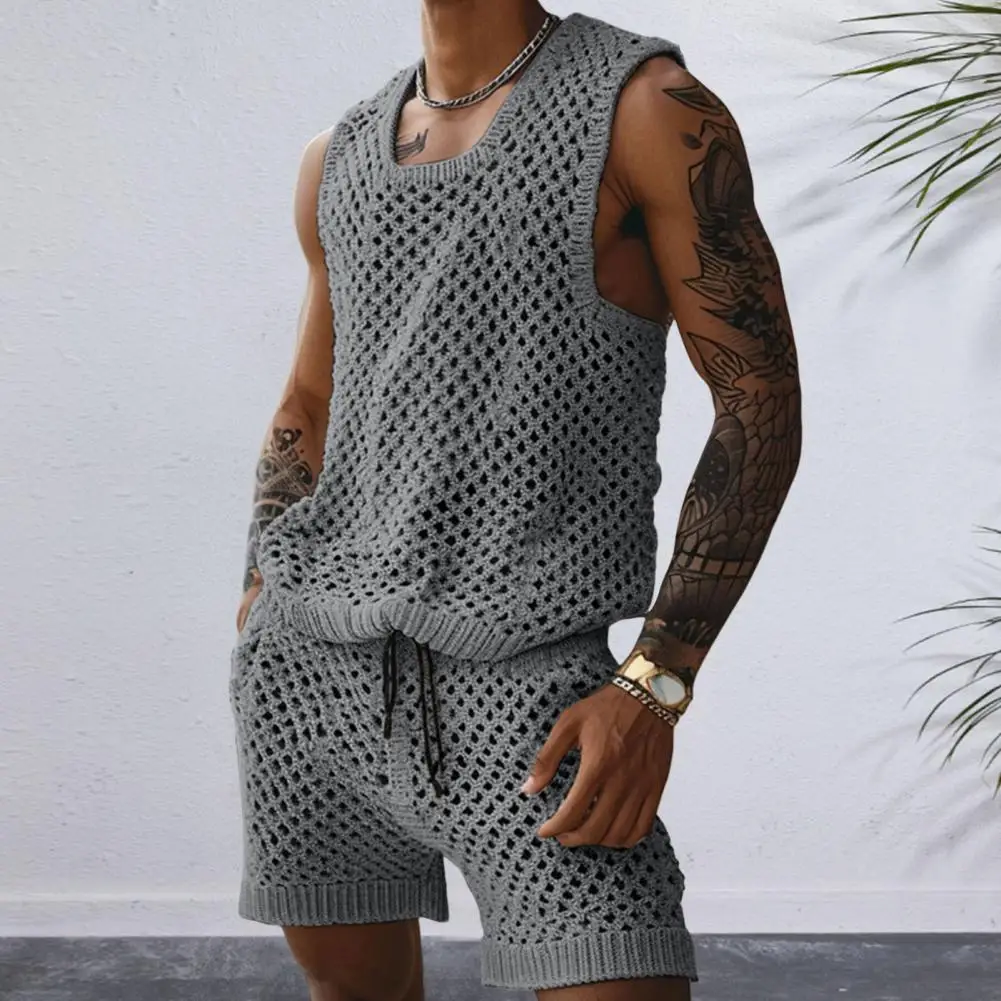 Casual Outfit Men's Casual Sleeveless Knit Top Drawstring Shorts Set Comfortable Elastic Waist Wide Leg Shorts Outfit for Daily