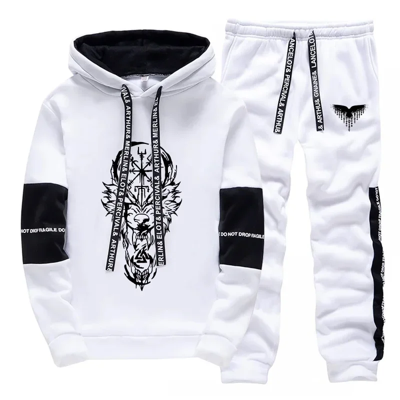 

Nordic Raven Wolf Pattern Hoodie Sweatpants Fall Winter Men's Tracksuit Hooded Sweatshirts Jogger Pants Male Fashion Sportswear