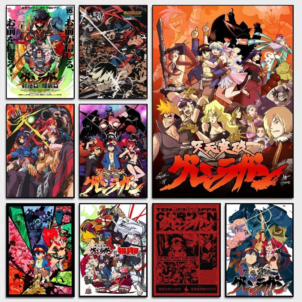 Аниме-постеры Gurren Lagann: ретро-наклейки из крафт-бумаги для декора комнаты, бара, кафе, эстетичные настенные рисунки