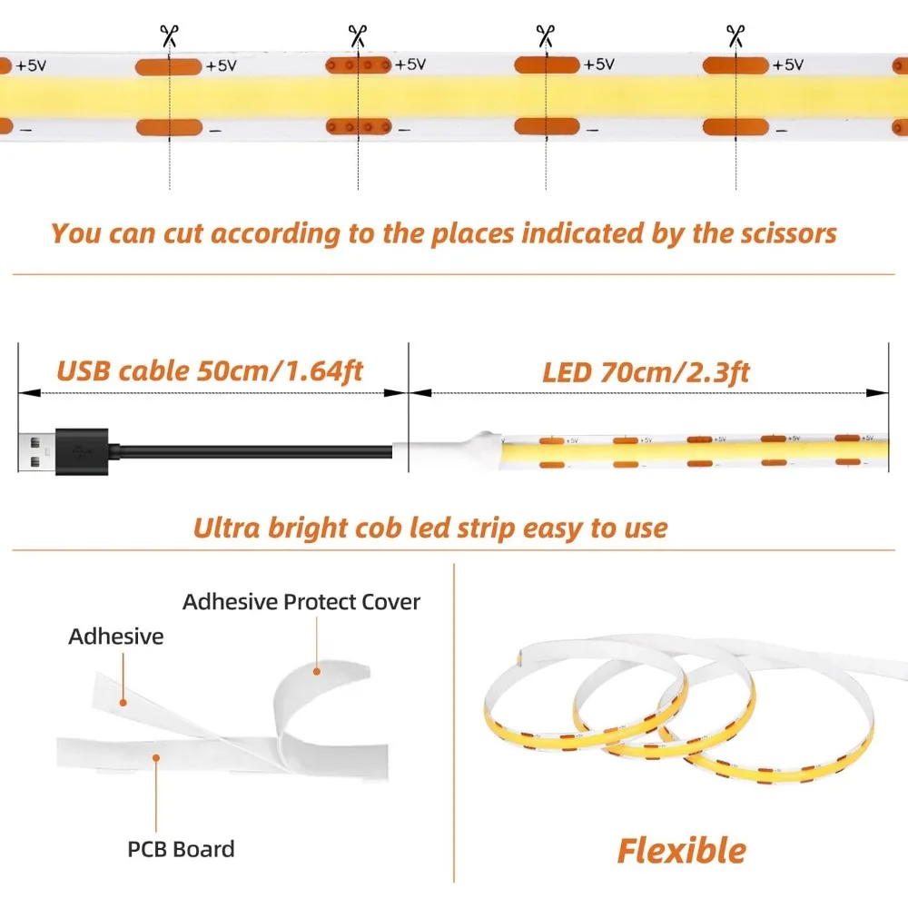 USB LED Strip Lights, Super Bright COB LED Strip Light, 5V Flexible LED Tape Light for TV LED Backlight, Mirrors, Display Cabine