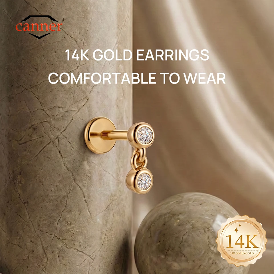 

CANNER 1PC 14K Solid Gold Double CZ Dangle Flat Back Stud Earring for Helix Tragus Cartilage Piercing Ear Bone Jewelry Gift