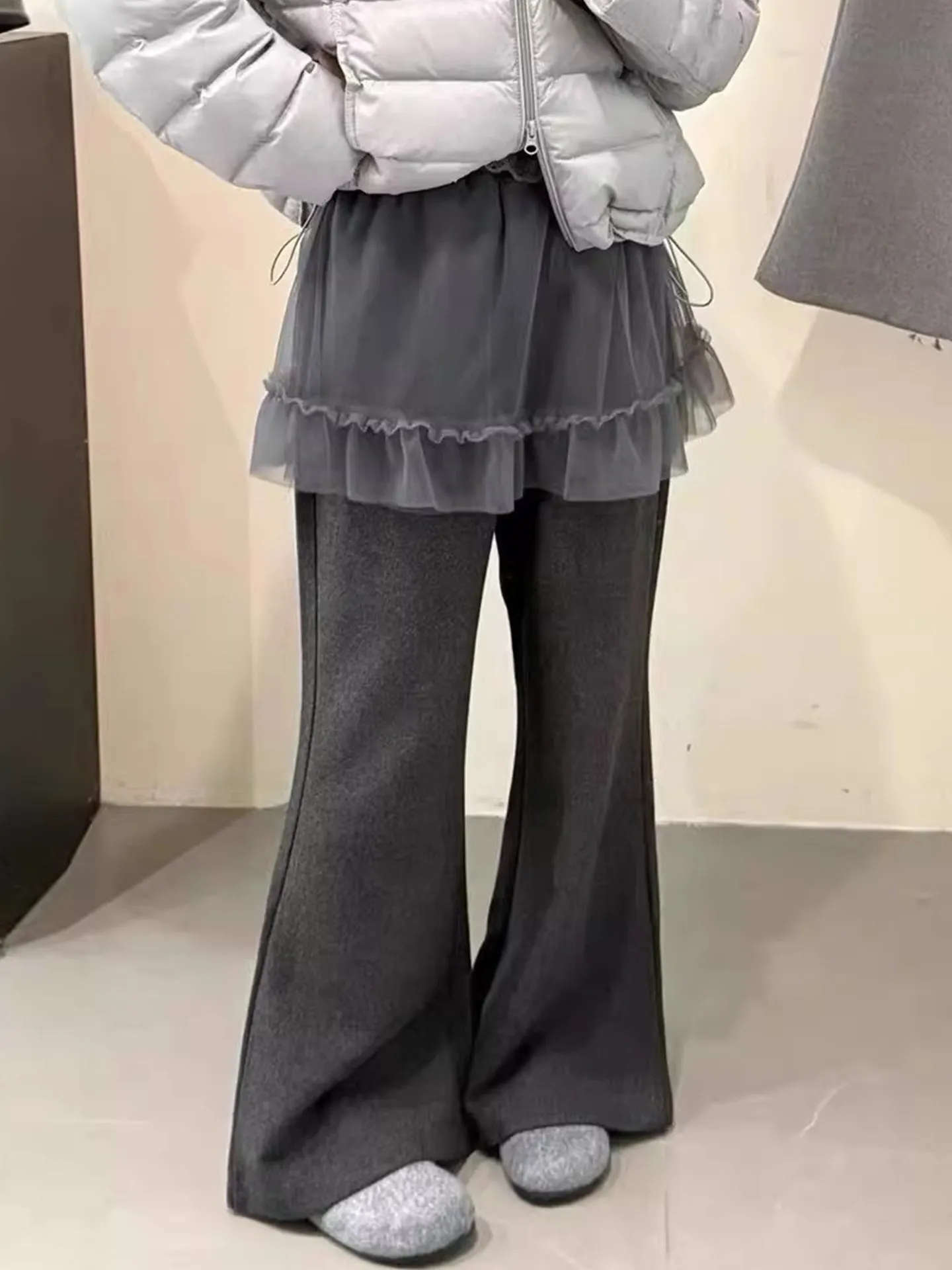 

Gagarich Splicing Mesh Skirt Fart Curtain Flared Pants Women Autumn Winter High Waist Versatile Fake Two-piece Casual Long Pants