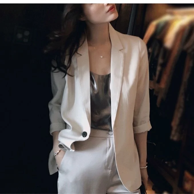 2022 Spring and Summer Small Suit Coat Women\'s Thin Satin Pearl Drop Versatile Casual Top and leisure Slim blazer feminino longo