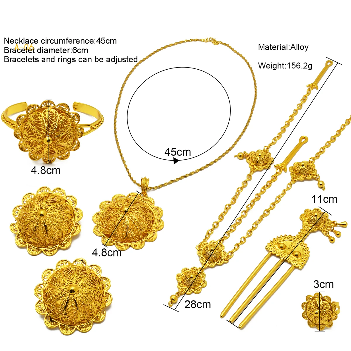 ANIID Ethiopian Flower Designer 6pcs Necklace Jewellery Set For Lady Wedding Nigerian Luxury Golden Jewelry Sets Banquet Gifts