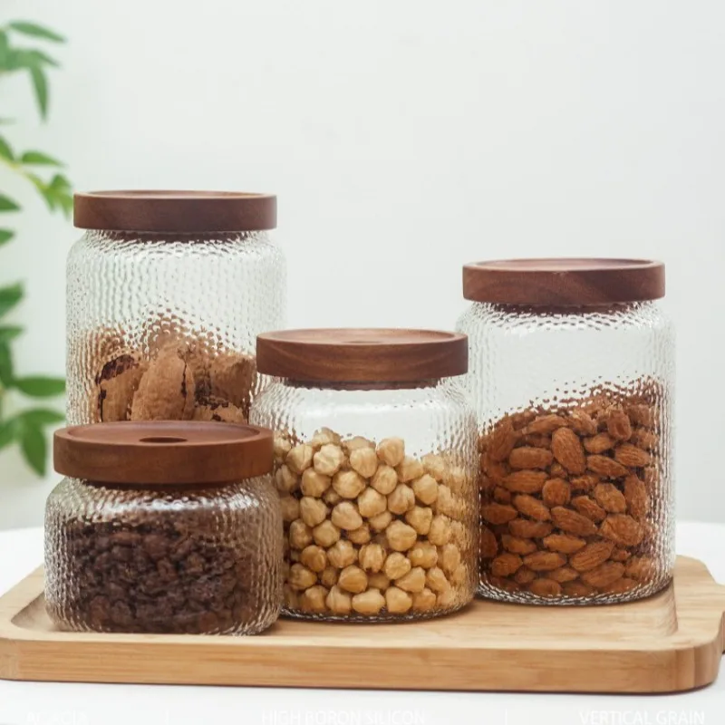 Vintage Acacia Wood Lid Hammered Texture Glass Sealed Storage Canister Airtight Kitchen Jar for Dry Food Transparent Organizer