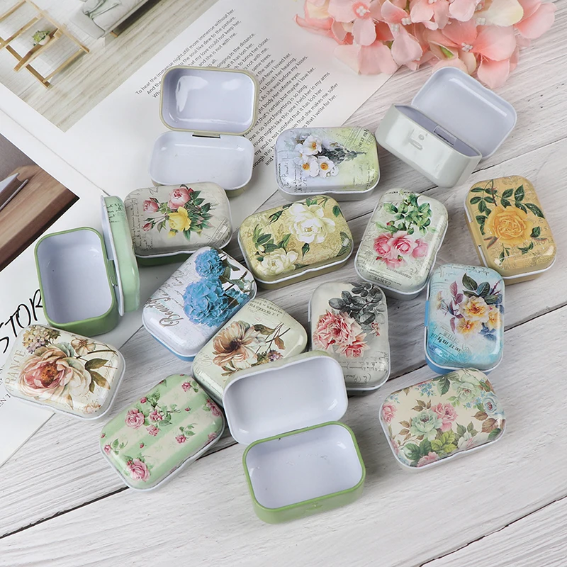 Mini Flower Tin Trinket Jewelry Coin Box Tinplate Storage Case Small Rectangular