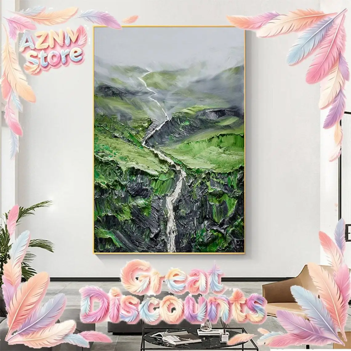 2026 Landscape Canvas Painting extured Wall Art Abstract Green Mountain River Painting Custom Painting Bedroom Wall Decor